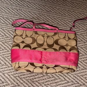 Coach Tan and Pink Signature Shoulder Bag